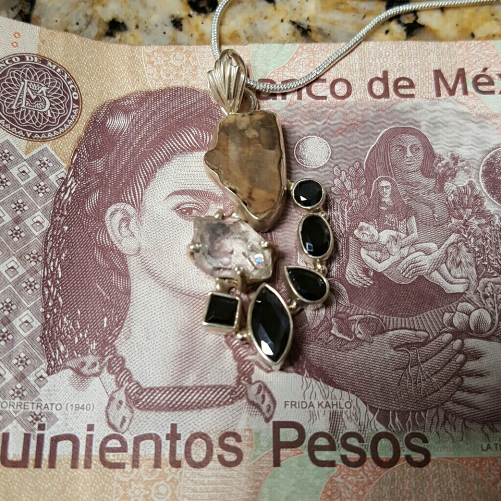 Herkimer Diamond, Onyx, Petrified Wood Necklace